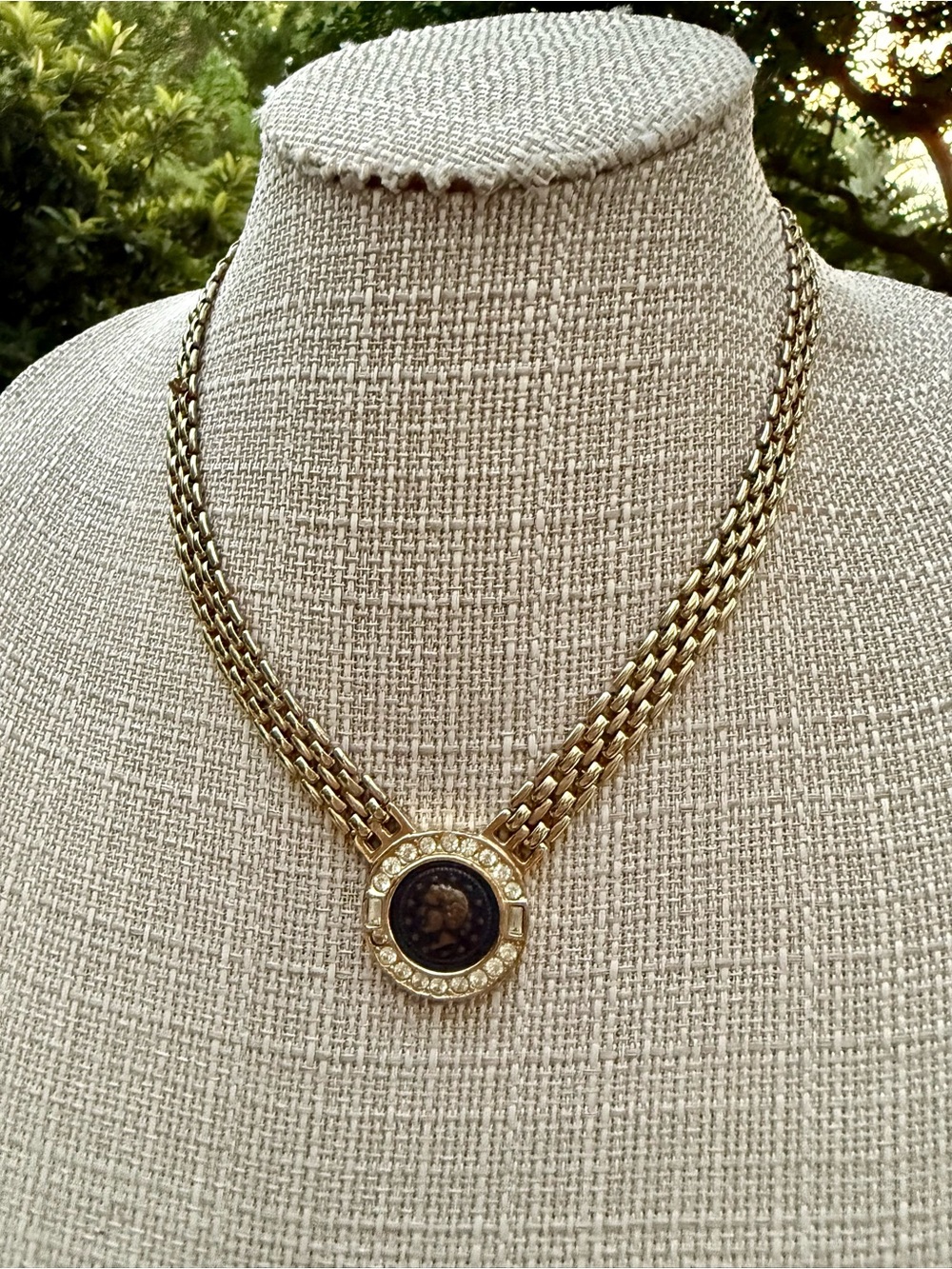Vintage 90s Roman Coin Medallion Collar Necklace Gold Flat Link Mesh Crystal